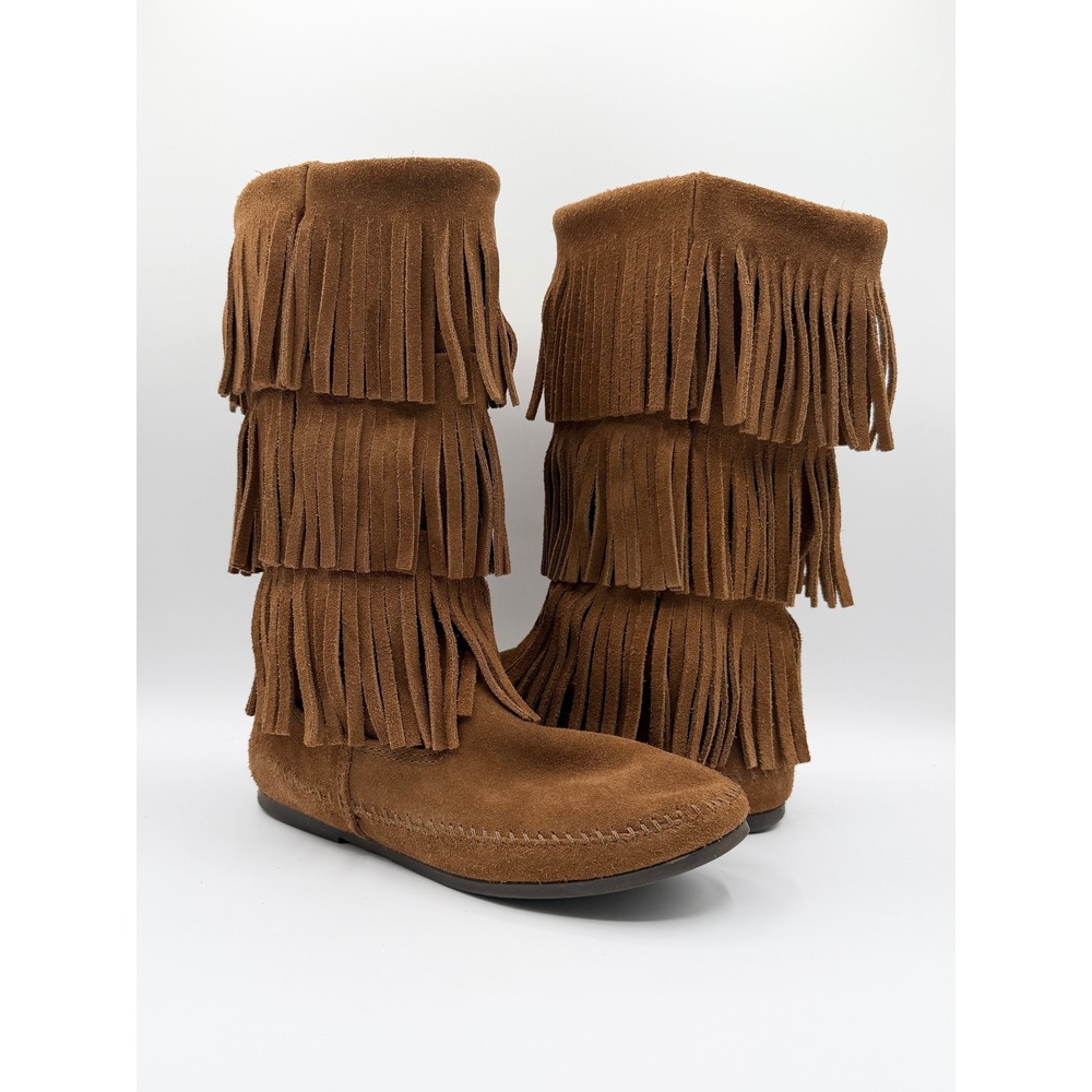 Minnetonka Brown Suede Triple Fringe Moccasin Boots Boho 70s Western Cowgirl (9)